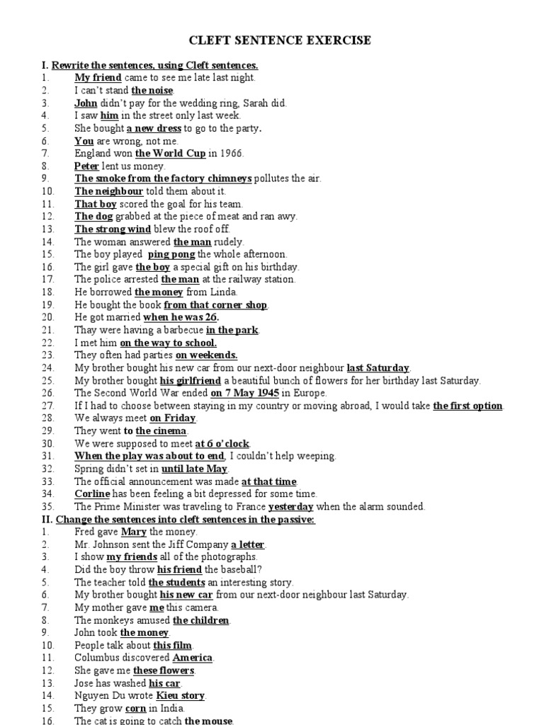 CLEFT SENTENCE EXERCISES.doc | Leisure