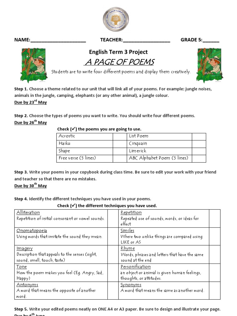 grade 5 english poetry projectpdf poetry vocabulary