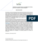 Fersa Convocatorias y acuerdos de Juntas y Asambleas generales (este hecho rectifica el anterior). 2012