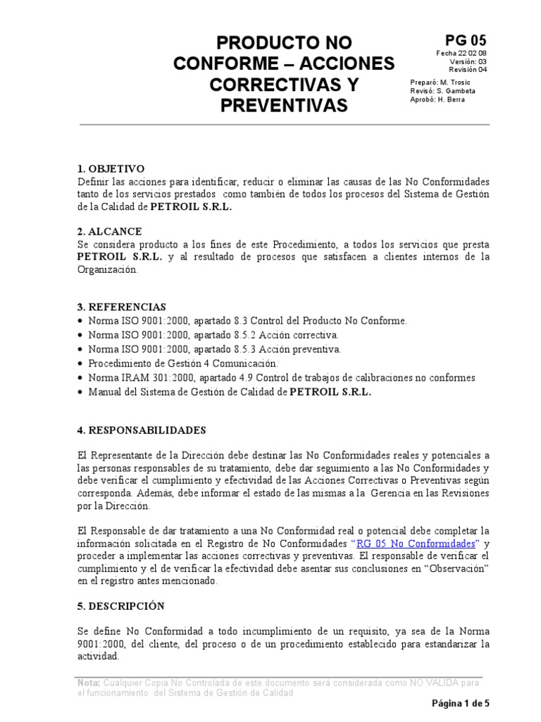 PG 05 Producto No Conforme | PDF | Gestión de la calidad | Calidad ...