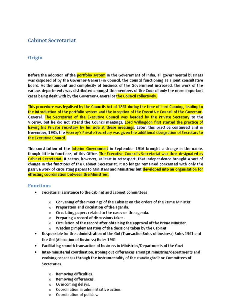 Overview of India's Cabinet Secretariat | PDF