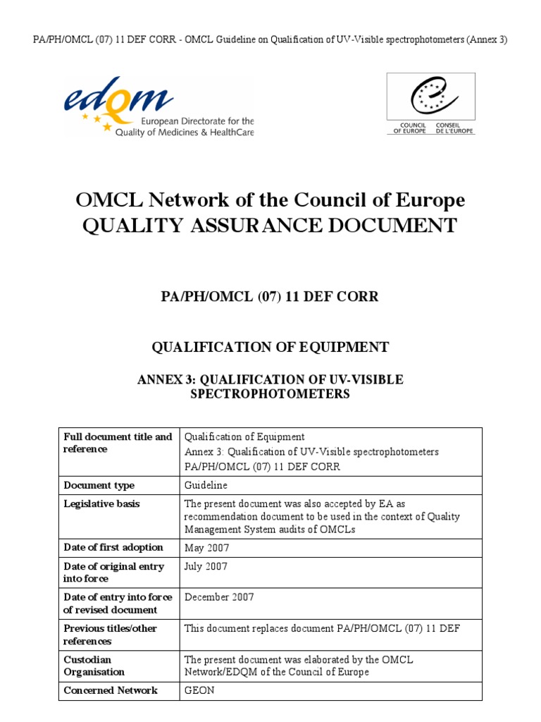 Annex 3 Qualification of UV Visible Spectrophotometers Absorbance