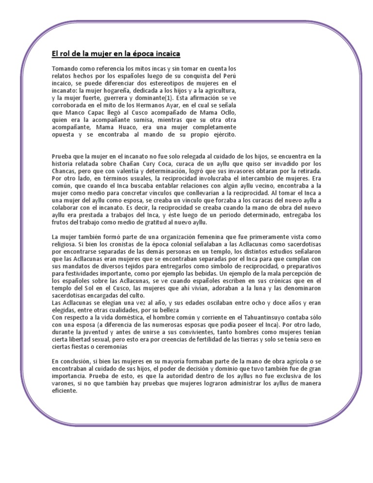 Rol de la mujer en el imperio incaico | PDF | Imperio Inca