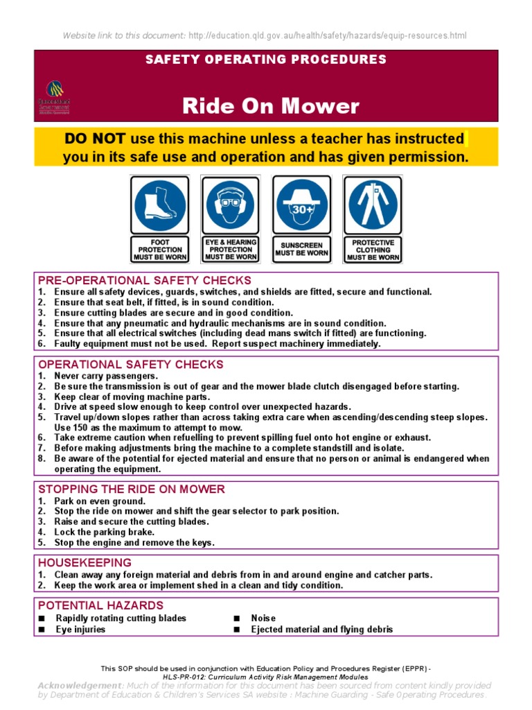 Ride On Mower Safety Procedures | PDF