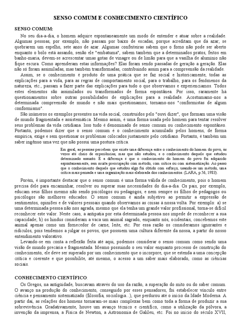 Senso Comum e Conhecimento Científico | PDF | Science | Conhecimento