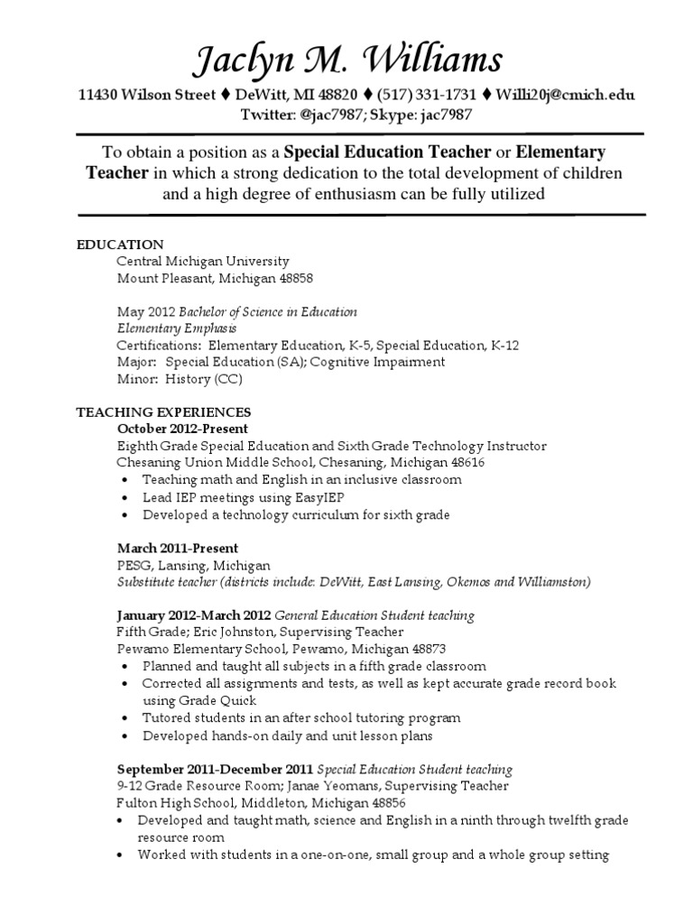 example of special education teacher resume