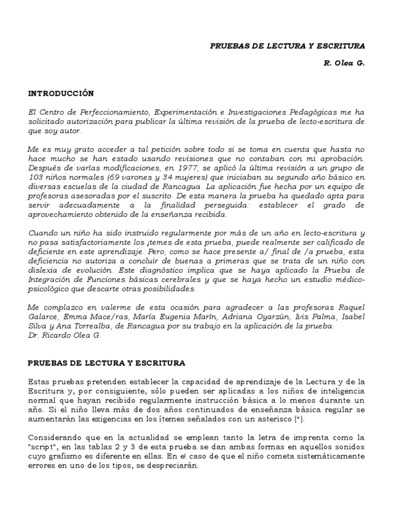 Pruebas De Lectura Y Escritura Olea Pdf Dislexia Lectura Proceso