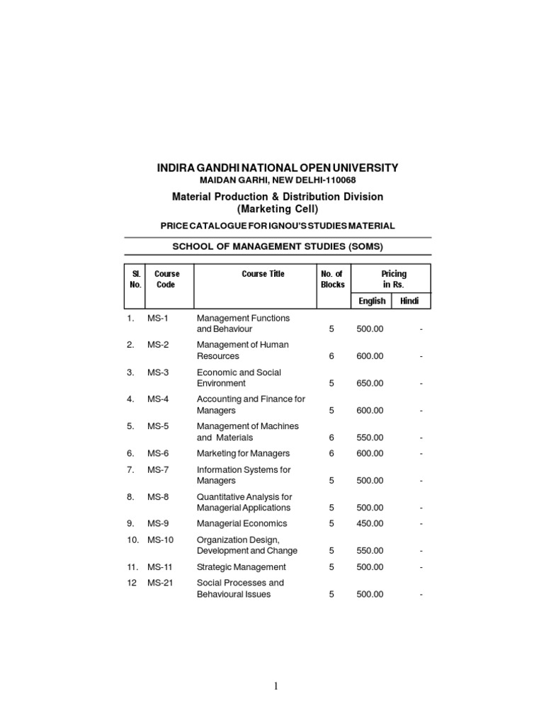 Ignou Price List Engineering Mechanical Engineering
