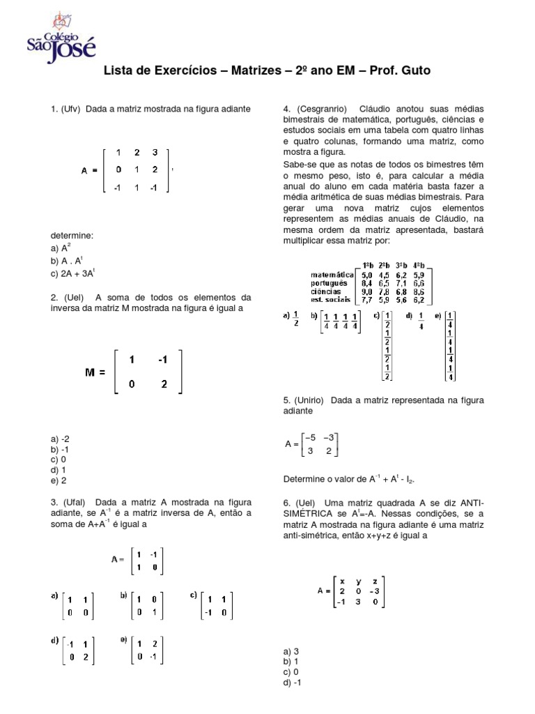 Lista de exercícios sobre operações com matrizes para o 2o ano do ...