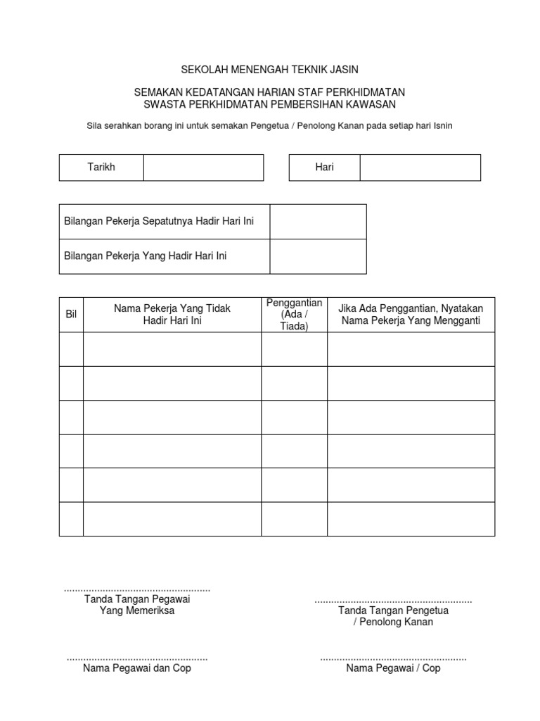 Borang Semakan Kehadiran Harian Pekerja Pembersihan Kawasan Di Sekolah