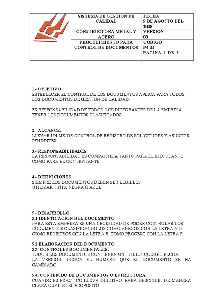 Procedimiento Para Control De Documentos Pdf
