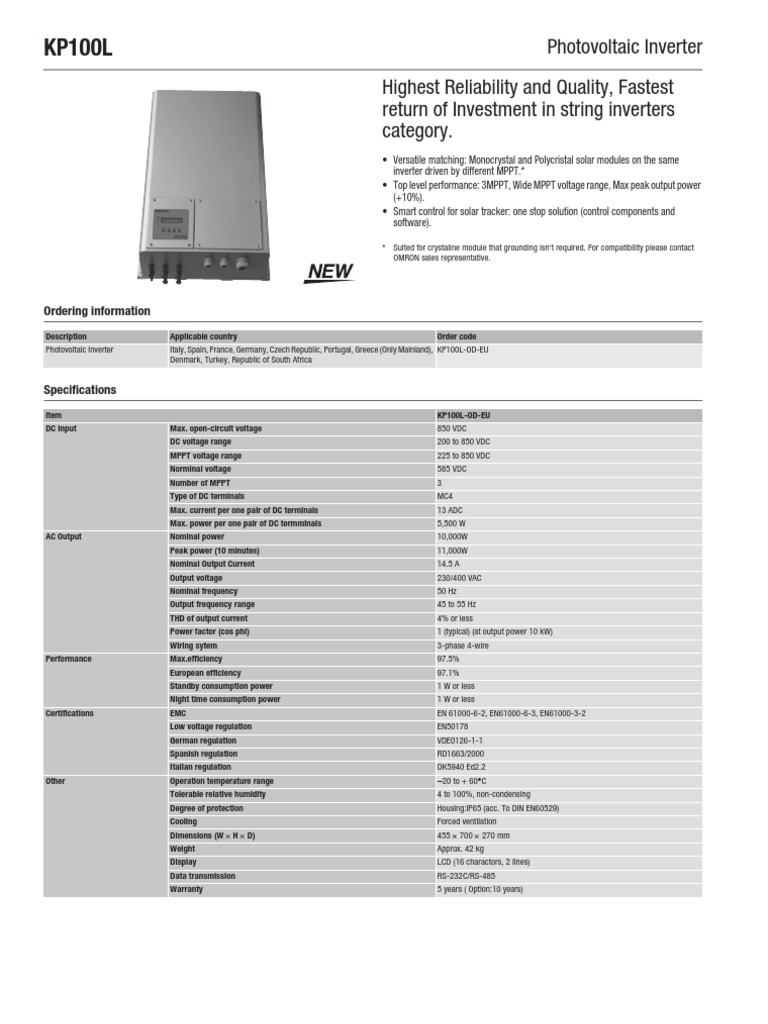 Omron KP100L Photovoltaic Inverter Guide | PDF | Power Inverter ...