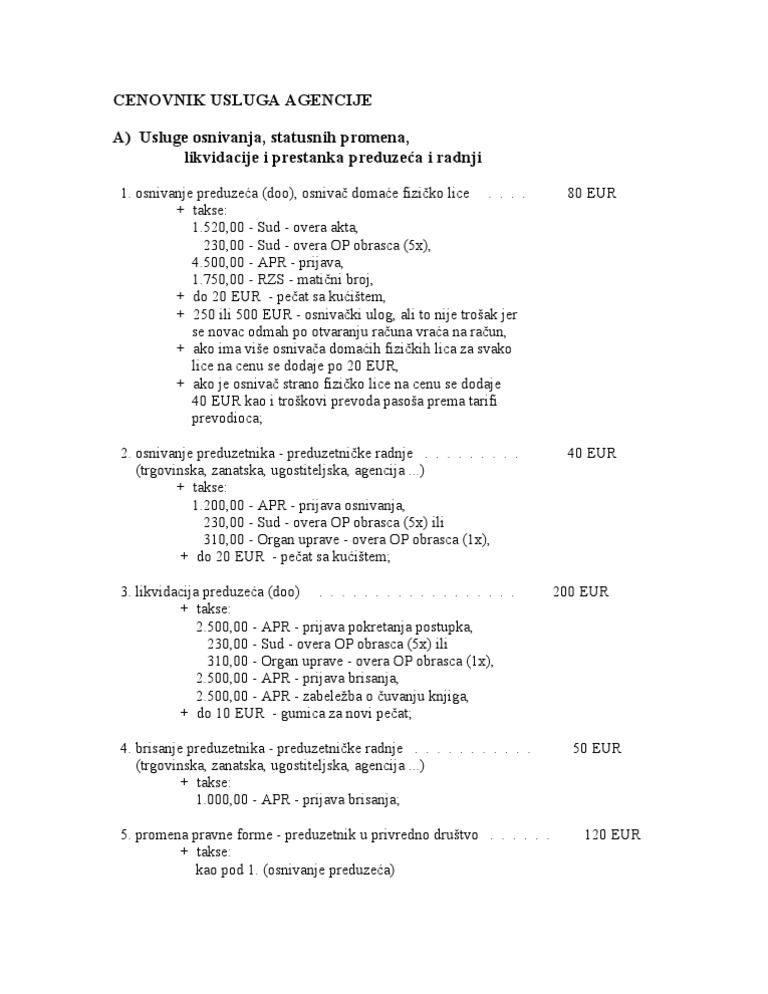 Cenovnik Usluga Agencije | PDF