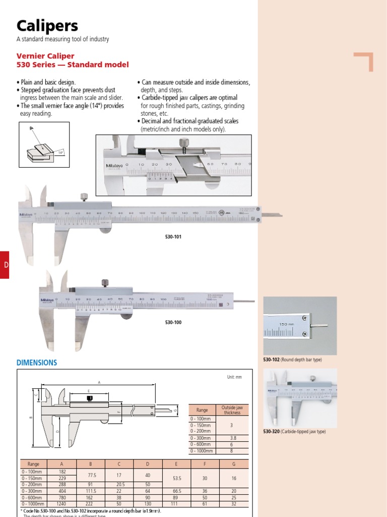 Vernier Caliper Sizes Mitutoyo Catalogue PDF
