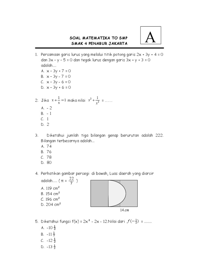 Soal Matematika To Smp Smak 4 Penabur Jakarta Abcd 1 Abc D