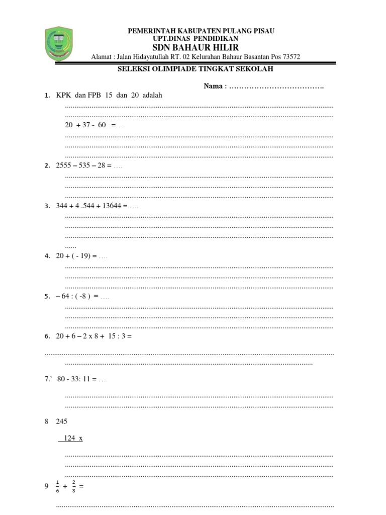 Soal Olimpiade MIPA SD Pemula