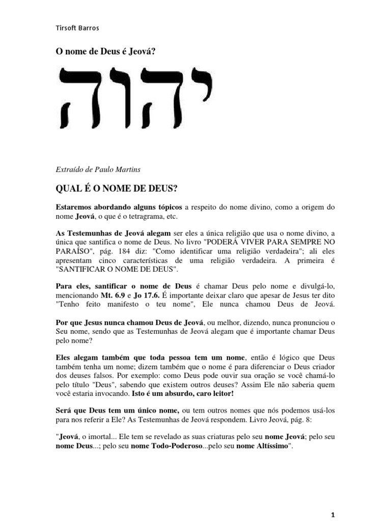 O Nome de Deus É Jeová PDF | PDF | Nomes de Deus | Monoteísmo