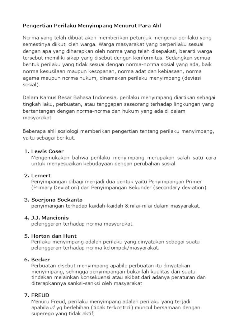 Pengertian Perilaku Menyimpang Menurut Para Ahl Pdf