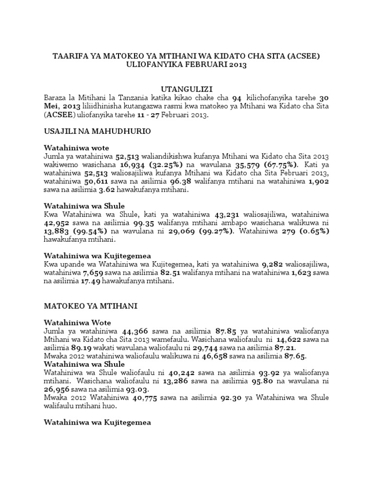 Taarifa Ya Matokeo Ya Mtihani Wa Kidato Cha Sita PDF