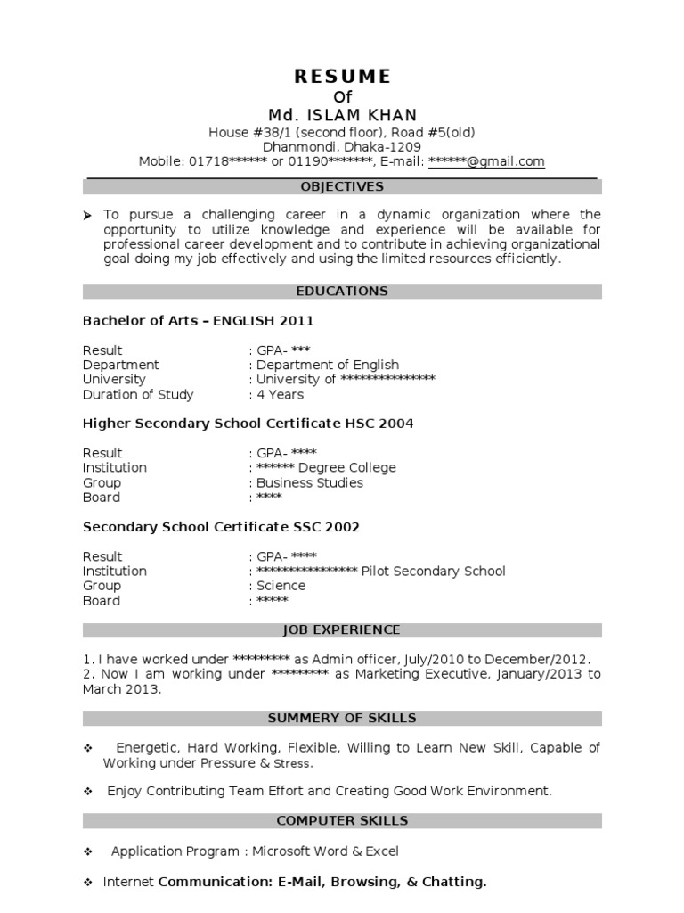 sample of resume format for job application pdf