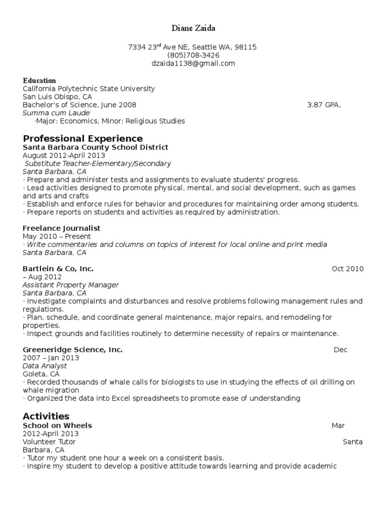 Diane Zaida: Education & Experience Summary | PDF