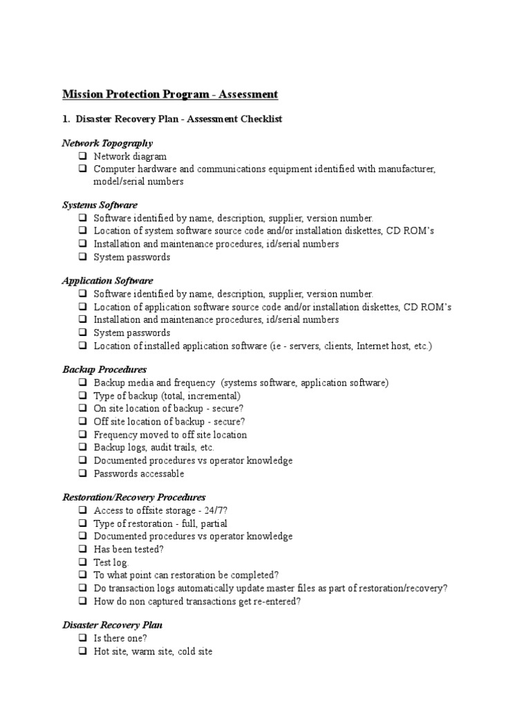 Mission Protection Program - Assessment: 1. Disaster Recovery Plan ...