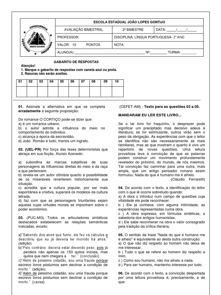 Avaliação de Língua Portuguesa - 2º Ano | PDF | Palavra | Amor