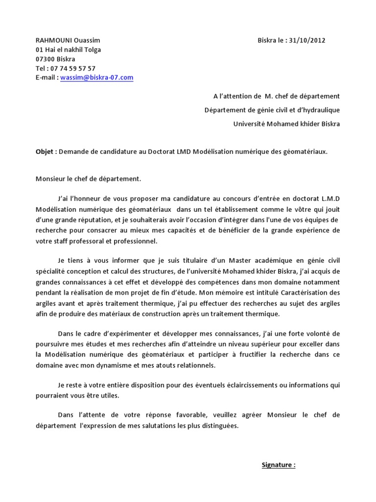 Exemple De Lettre De Motivation Pour Doctorat Pdf 