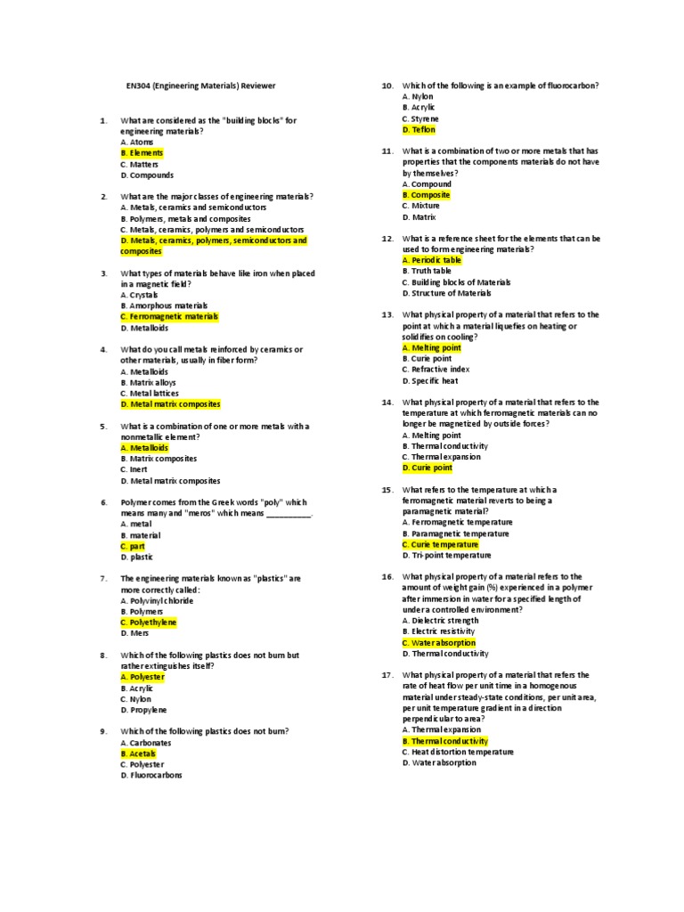 Engineering Materials Review Guide | PDF | Cast Iron | Steel