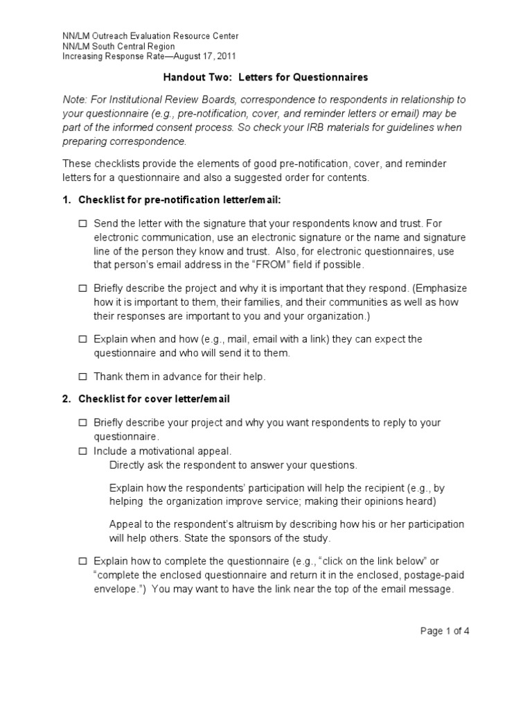 Cover Letters For Questionnaires PDF Questionnaire Institutional