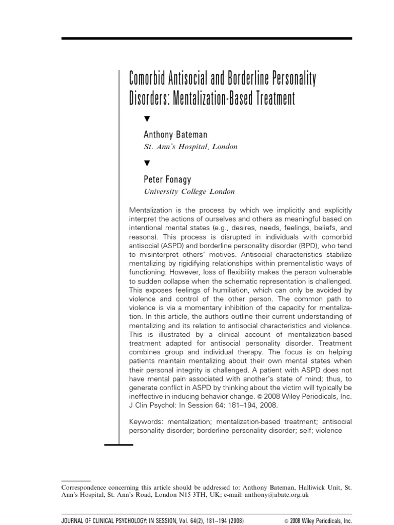 Bateman & Fonagy Comorbid Antisocial and Borderline Personality ...