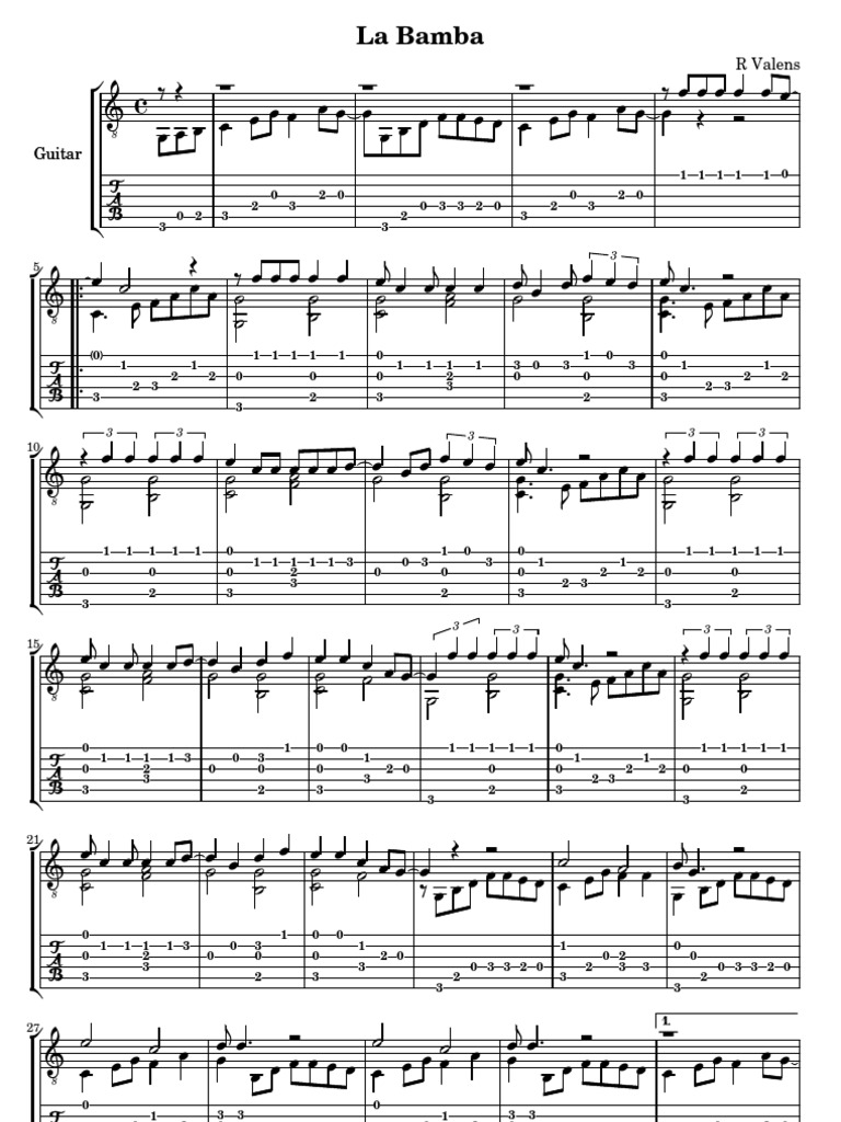 La Bamba Guitar Solo Score And Tab La Bamba Song Sheet Music