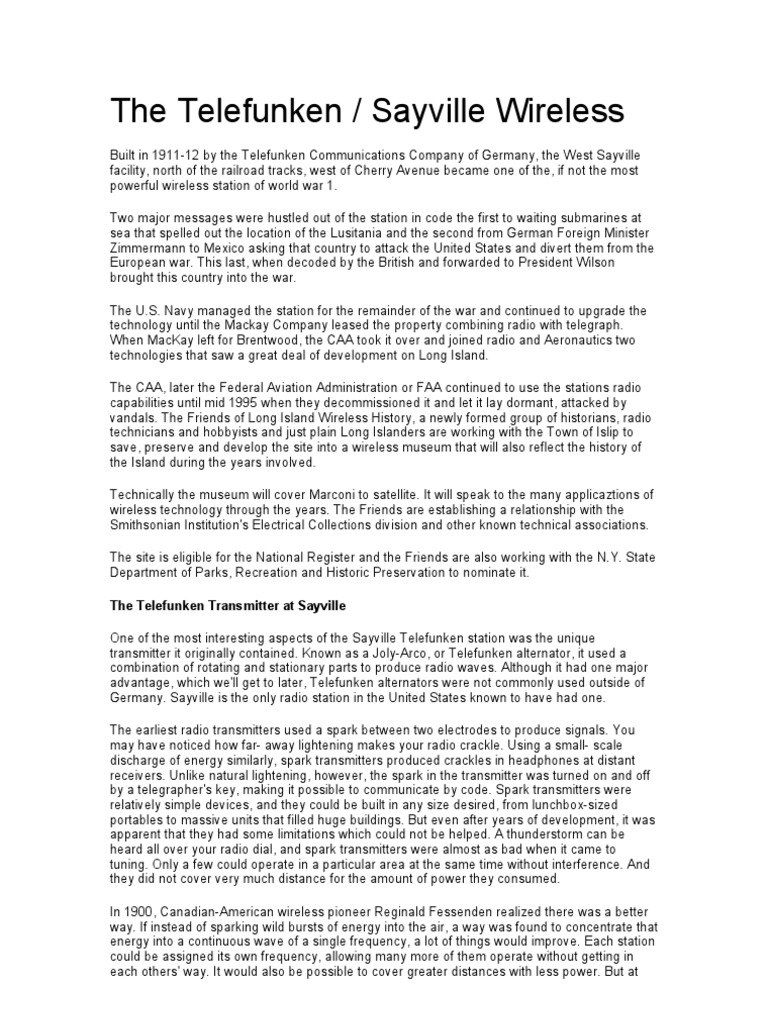 The Telefunken Nikola Tesla and The Sayville Wireless PDF