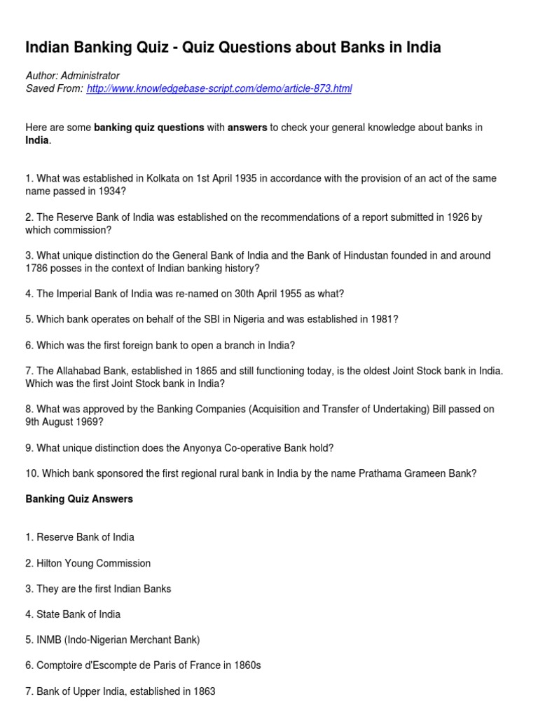 Indian Banking Quiz Questions & Answers | PDF