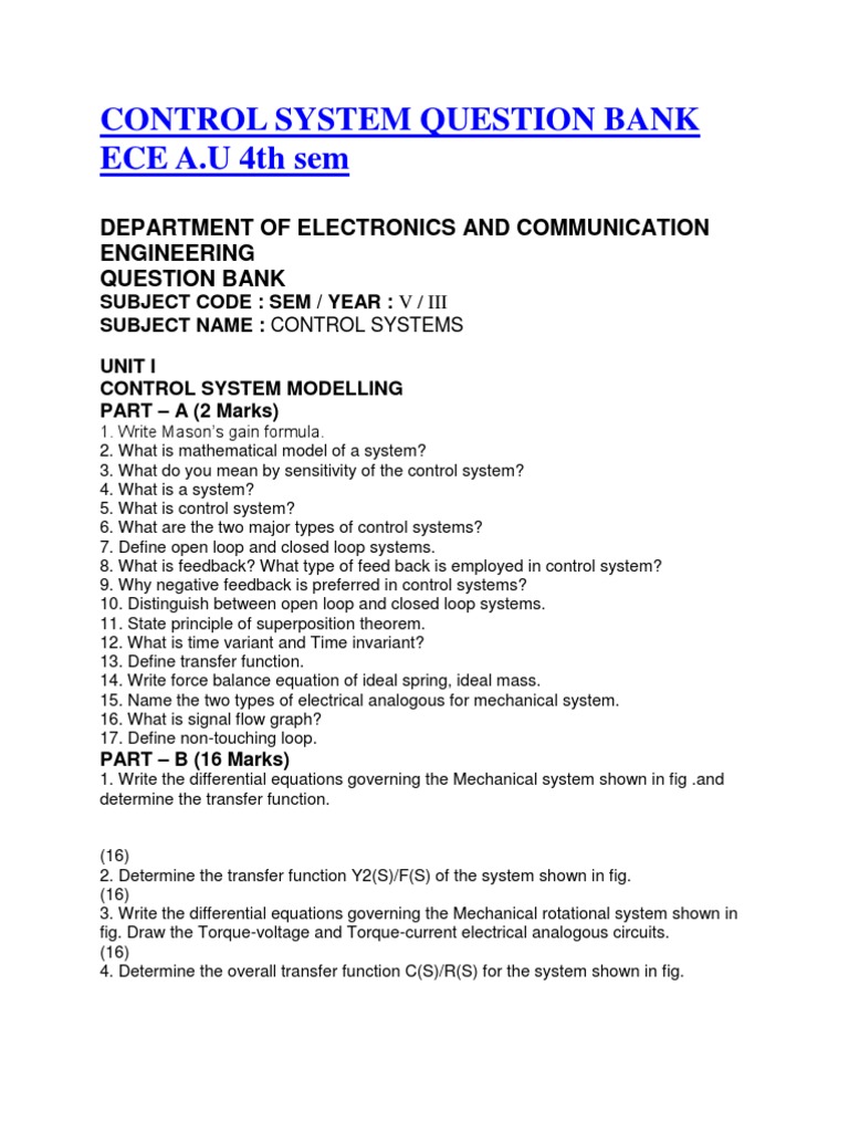 Control System Question Bank PDF Control Theory Sampling (Signal
