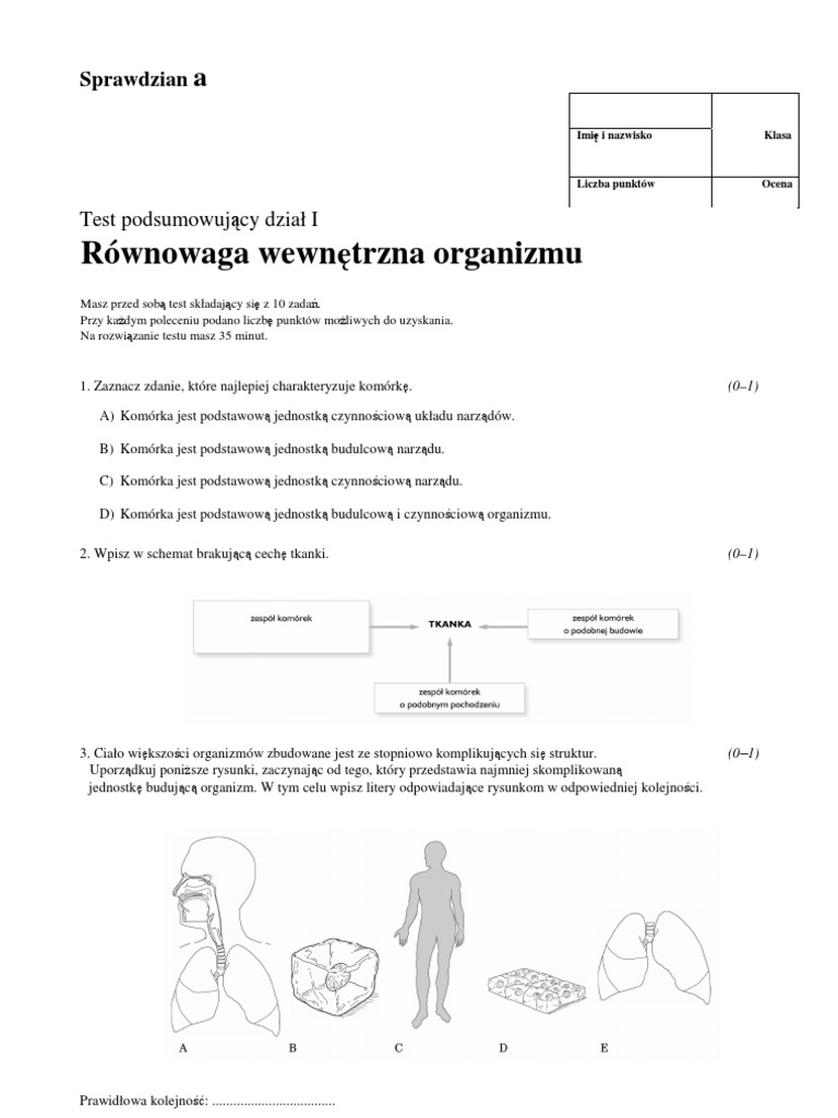 Sprawdzian Z Biologii Organizm Człowieka Skóra Powłoka Organizmu Pdf 1A - Rownowaga Wewnetrzna Organizmu - Sprawdzian