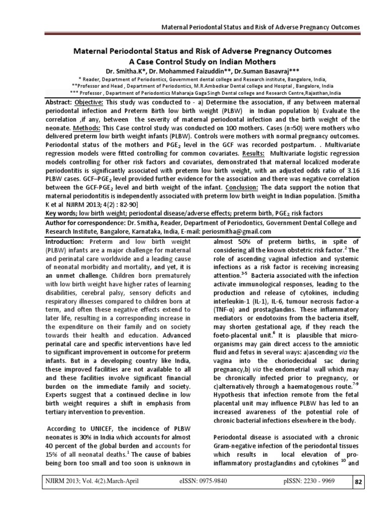 Maternal Periodontitis and Risk of Preterm Low Birth Weight Infants ...