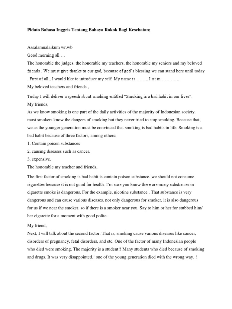 Pidato Bahasa Inggris Tentang Bahaya Rokok Bagi Kesehatan