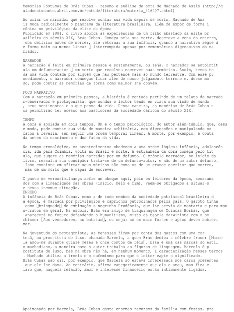 Memórias Póstumas de Brás Cubas Resumo e Análise PDF Narração