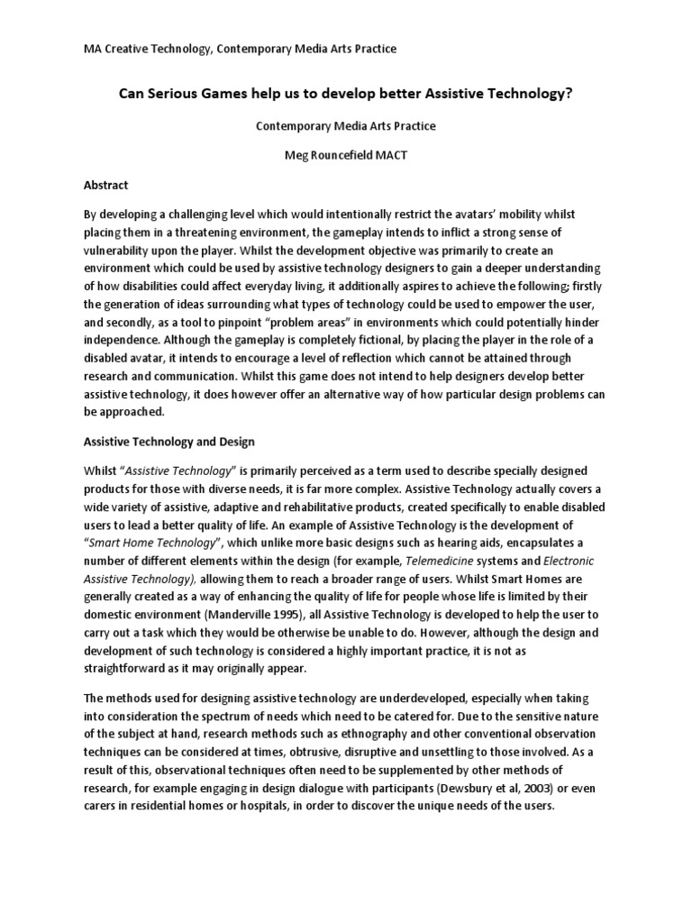 Serious Games for Assistive Tech Design | PDF | Video Games | Ethnography