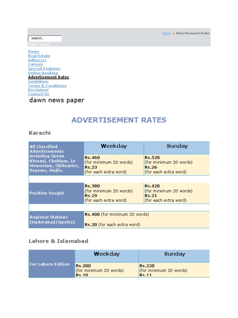 Advertisement Rates: Dawn News Paper | PDF | Law