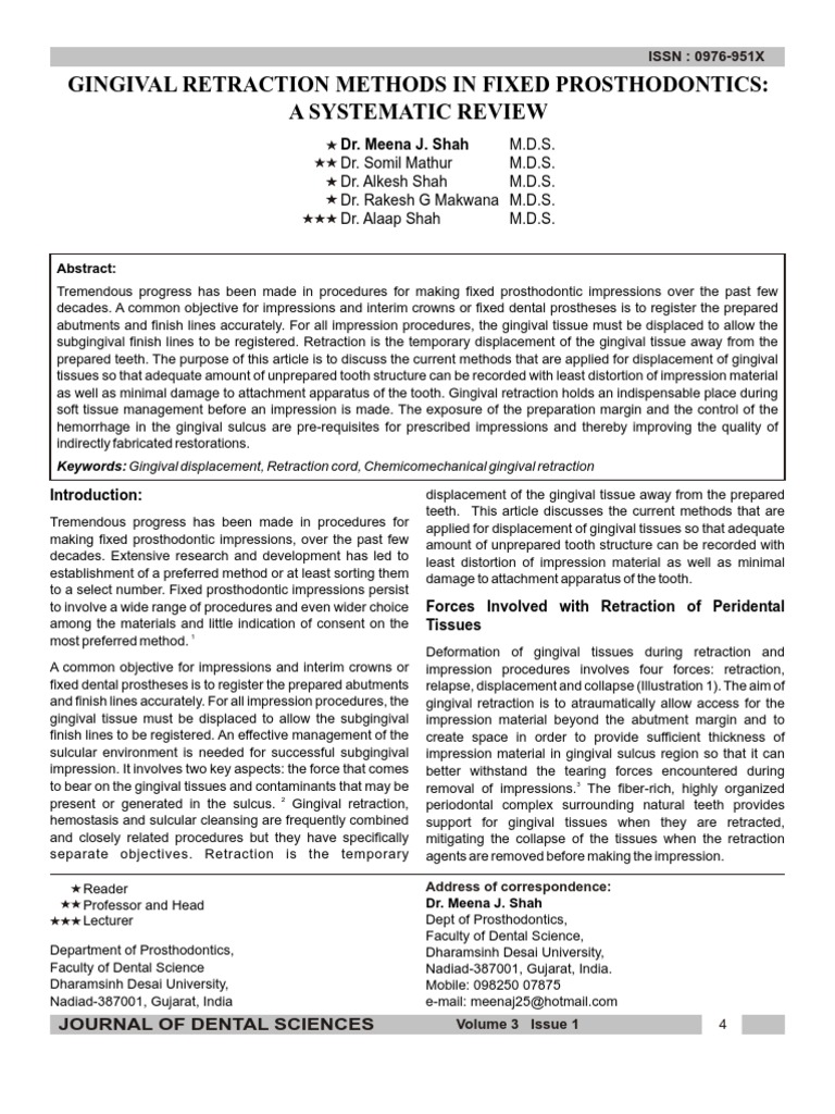 Gingival Retraction Methods in Fixed Prosthodontics A Systematic Review