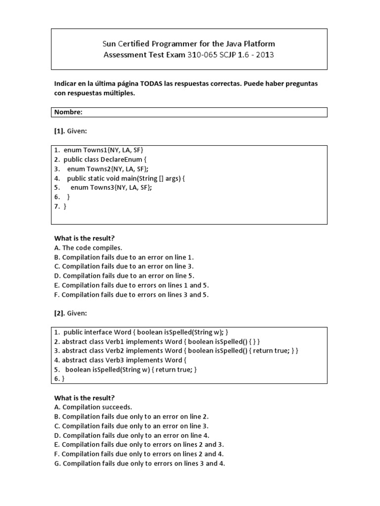 Sun Certified Programmer For The Java Platform Assessment Test Exam 310 ...