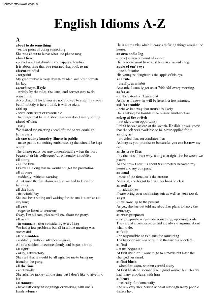 English Idioms A-Z Guide | PDF | Grief
