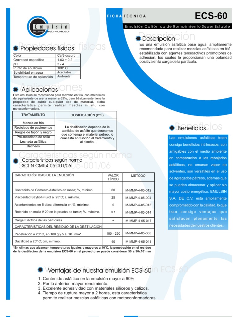 Emulsión Asfáltica ECS-60: Características | PDF | Celsius | Destilación