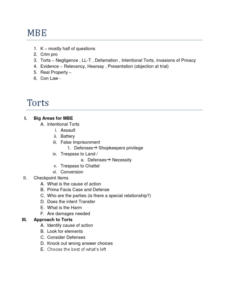 Mbe Torts Pdf Trespass Negligence