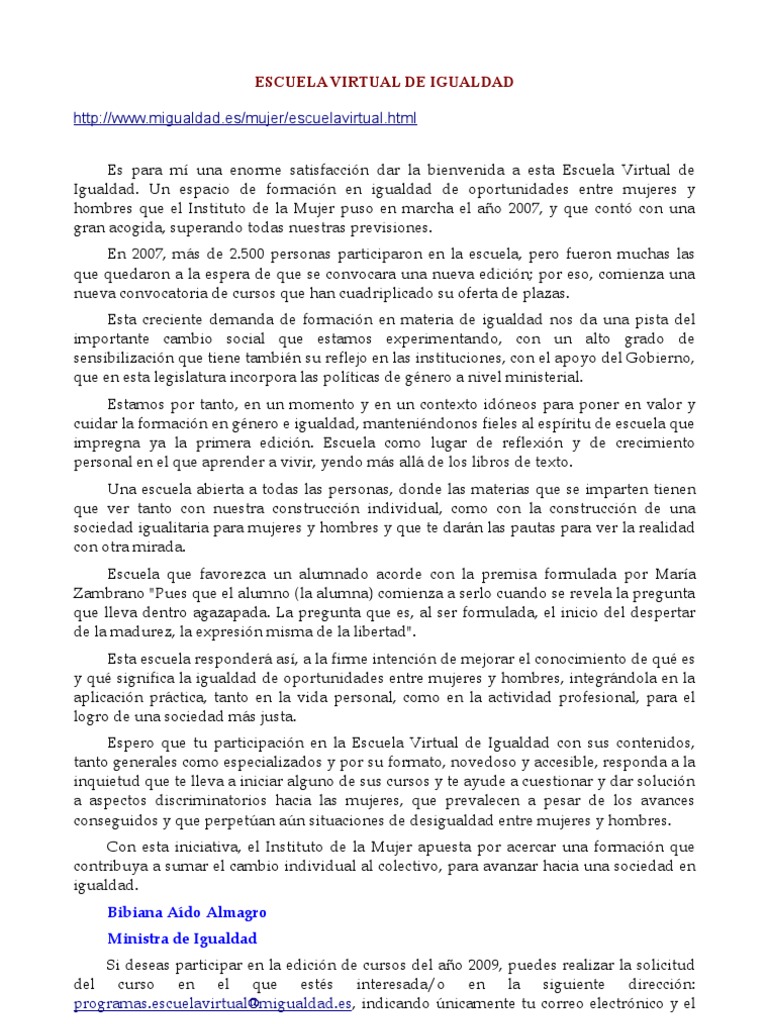 Escuela Virtual de Igualdad 2009 | PDF | Igualdad de género | Estudios ...