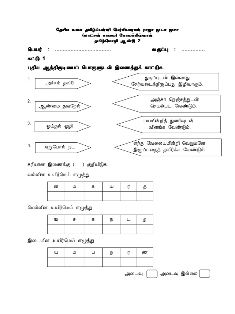 Peperiksaan Latihan Bahasa Tamil Tahun 1