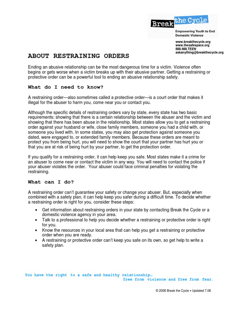 Handout About Restraining Orders | PDF | Restraining Order | Domestic ...