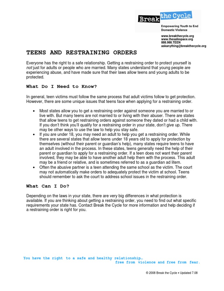 Handout Teens and DV Restraining Orders | PDF | Restraining Order ...